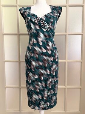 White House Black Market Teal Chevron Sheath Dress - Classic Cap Sleeve Style